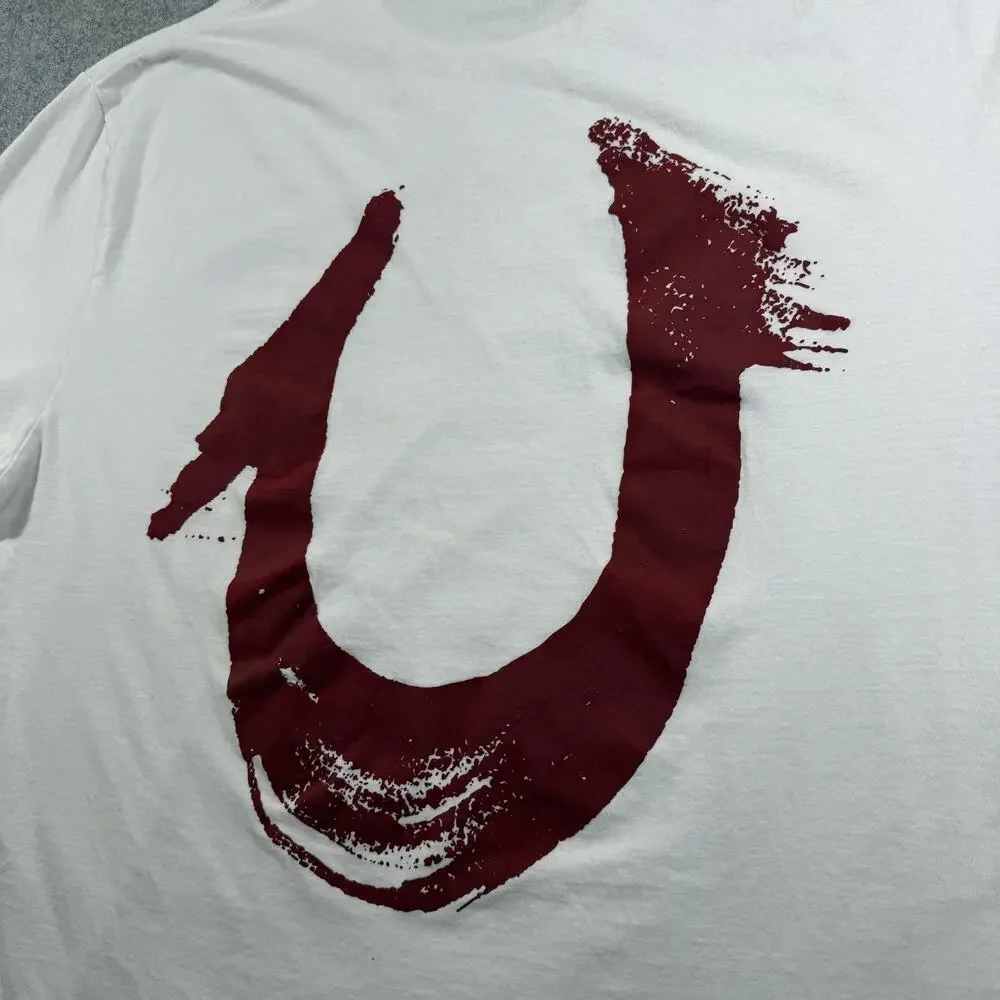 True Religion T Shirt Mens 3XL White Red Horseshoe Paint Logo Relaxed Fit Street